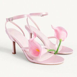 Light Pink Women's Floral Round Toe Strap High Heel Sandals